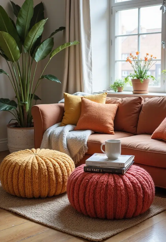 25 DIY Home Decor on a Budget Projects That Transform Any Space - 11. Stylish Knitted Poufs