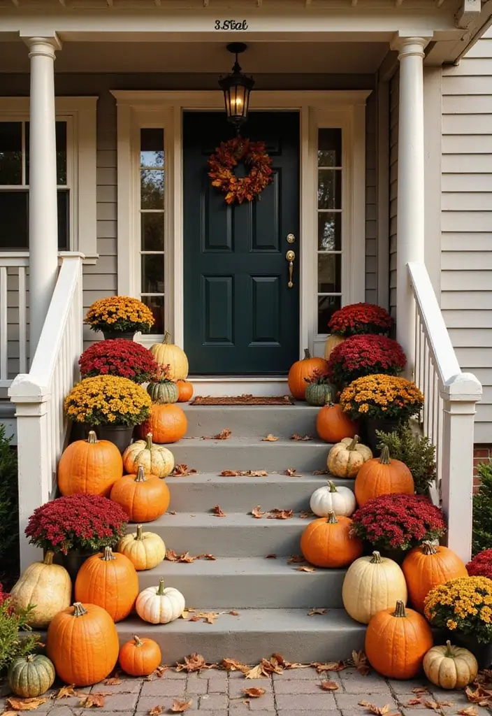 25 Fall Decor Ideas for the Home Porch That Create Instant Charm - 1. Colorful Pumpkin Arrangements