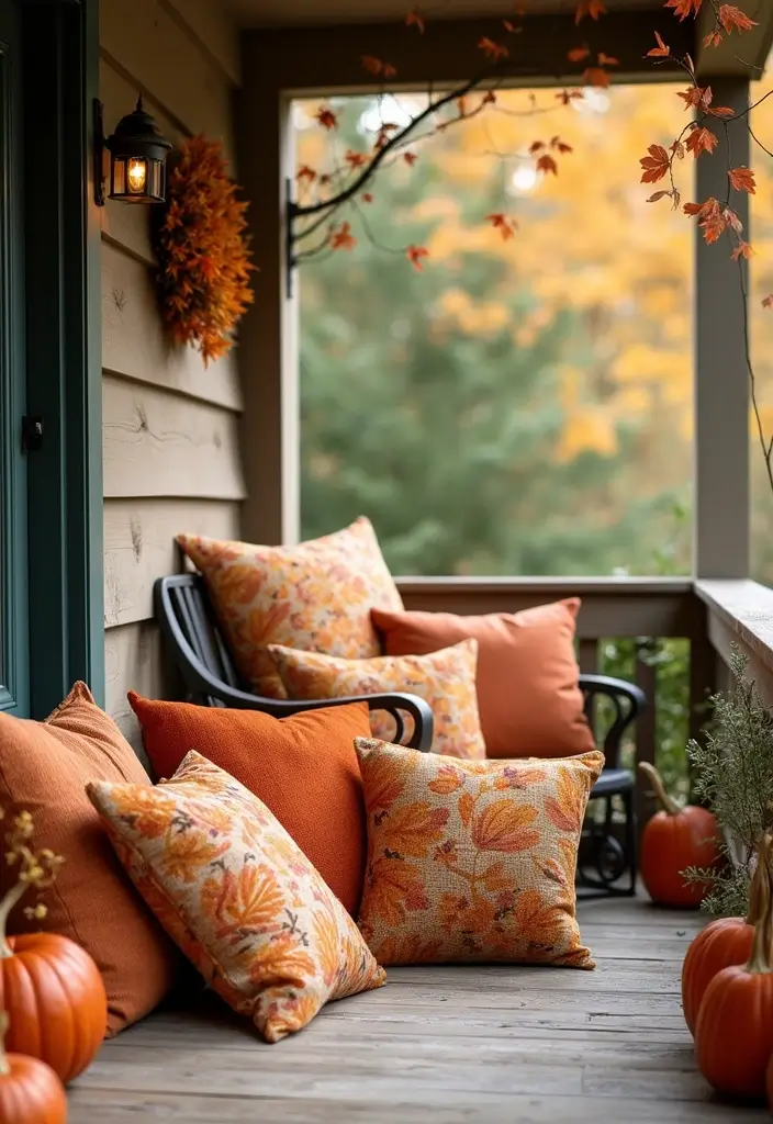 25 Fall Decor Ideas for the Home Porch That Create Instant Charm - 12. Fall Themed Cushions