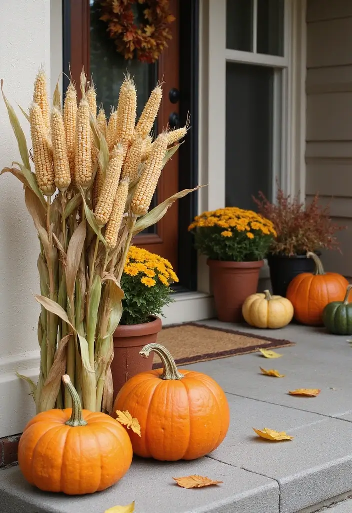 25 Fall Decor Ideas for the Home Porch That Create Instant Charm - 13. Miniature Corn Stalks