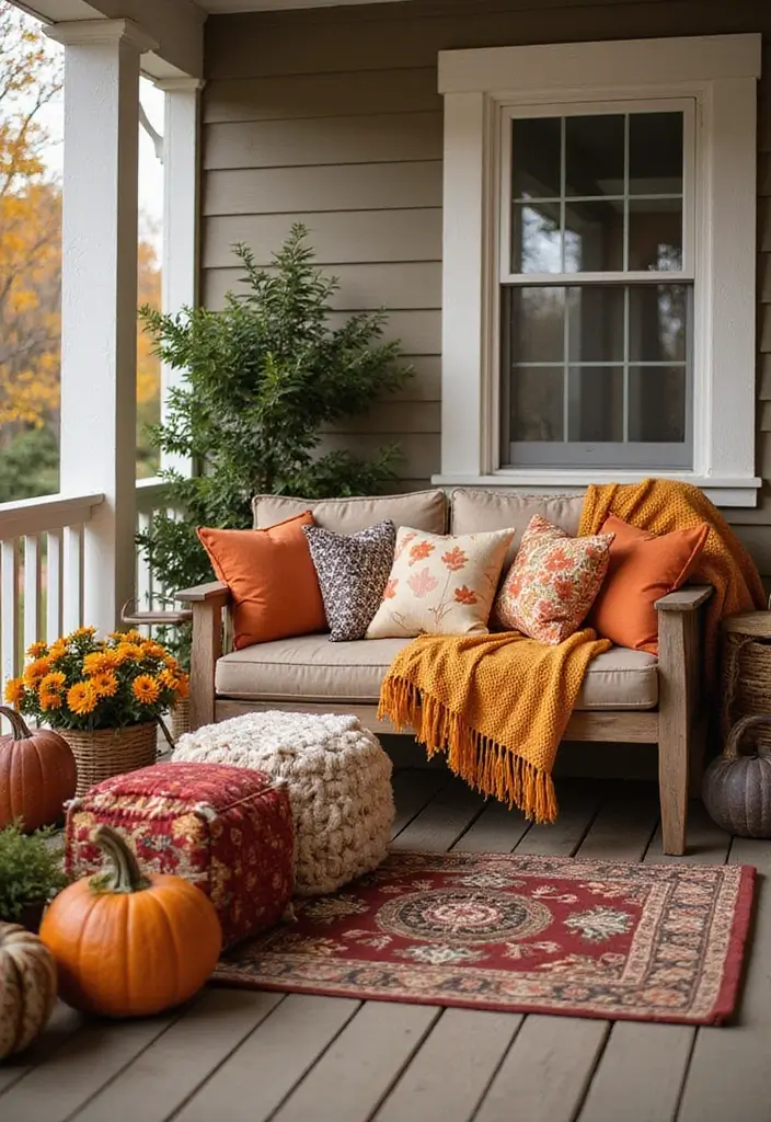 25 Fall Decor Ideas for the Home Porch That Create Instant Charm - 2. Cozy Blankets and Pillows