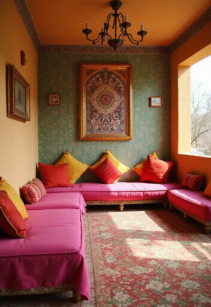 25 Mehendi Function Decor at Home Simple and Beautiful Concepts - 13. Colorful Cushion Seating