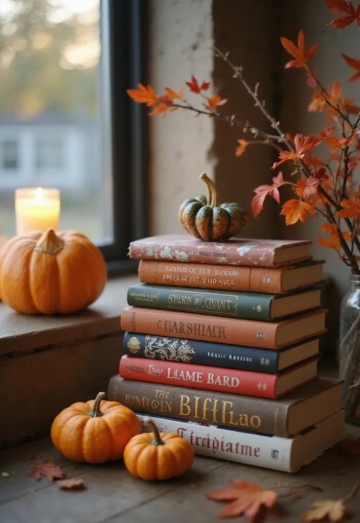 25 Simple Fall Decor Ideas for the Home That Feel Warm and Inviting - 25. Seasonal Book Displays