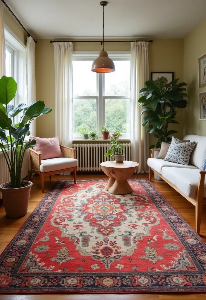 25 Spring Home Decor Ideas for Living Rooms Bursting with Color - 3. Colorful Area Rugs