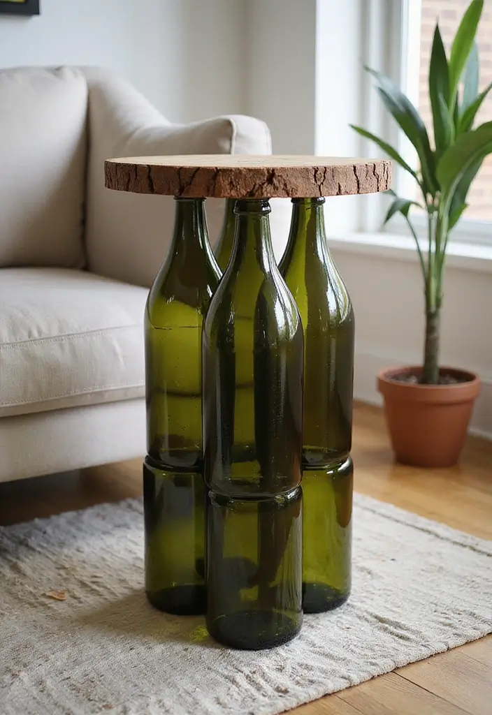 27 DIY Glass Bottle Crafts Ideas Home Decor That Look Expensive - 22. Glass Bottle Stool or Table