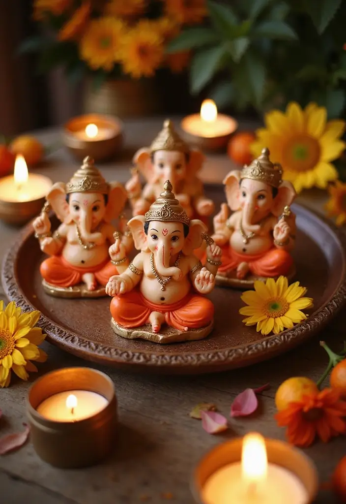 27 Ganesh Decoration Ideas Home Decor Simple and Elegant Setups - 10. Mini Ganesha Idols