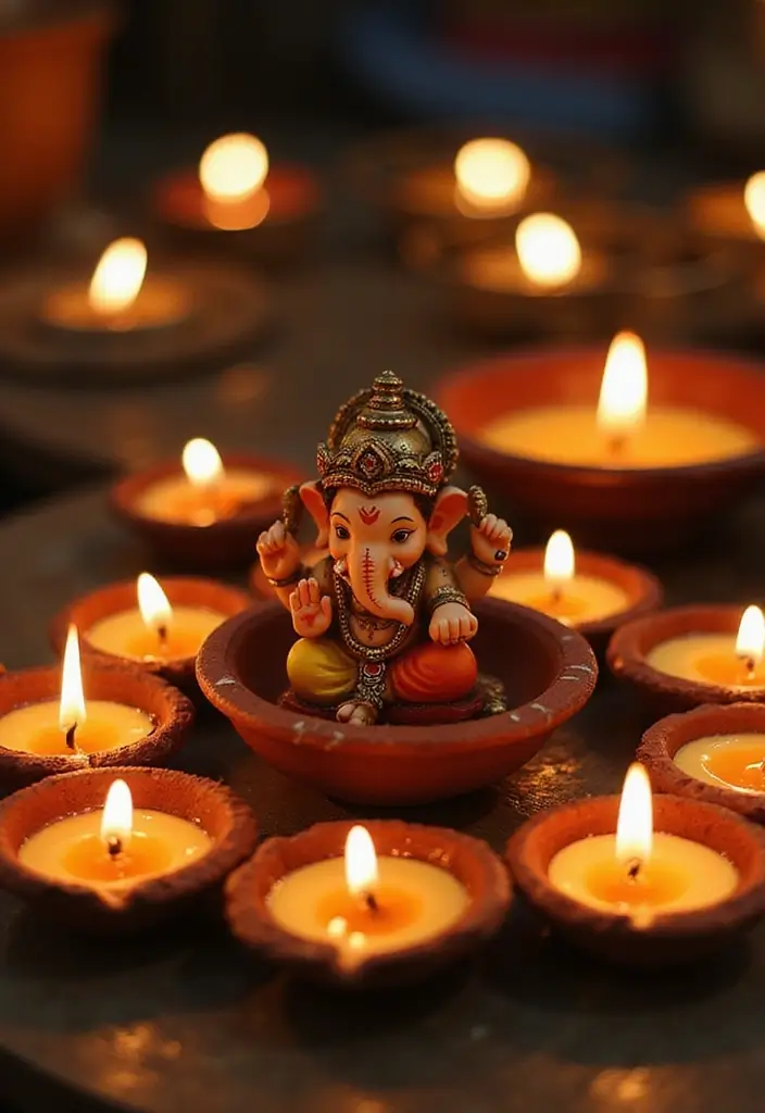 27 Ganesh Decoration Ideas Home Decor Simple and Elegant Setups - 11. Simple Clay Diyas