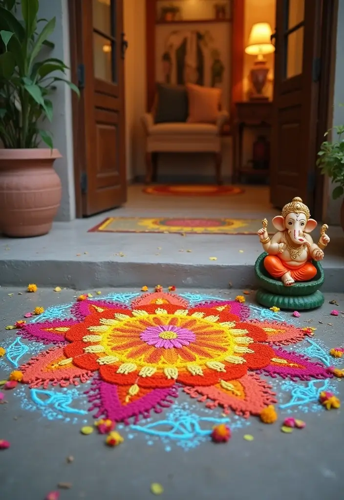 27 Ganesh Decoration Ideas Home Decor Simple and Elegant Setups - 12. Minimalist Rangoli