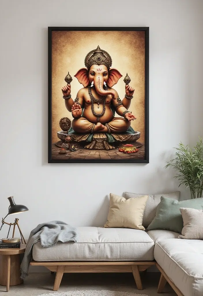 27 Ganesh Decoration Ideas Home Decor Simple and Elegant Setups - 24. Hang Ganesh Artwork