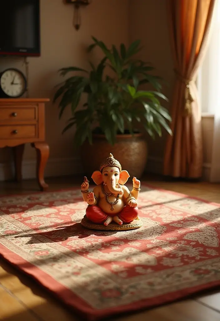 27 Ganesh Decoration Ideas Home Decor Simple and Elegant Setups - 26. Elegant Floor Mats