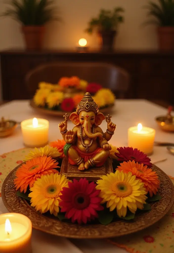 27 Ganesh Decoration Ideas Home Decor Simple and Elegant Setups - 3. Simple Table Centerpiece
