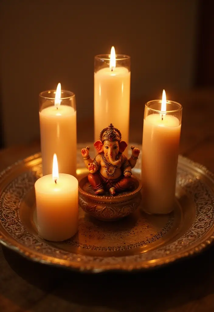 27 Ganesh Decoration Ideas Home Decor Simple and Elegant Setups - 6. Elegant Candle Setup