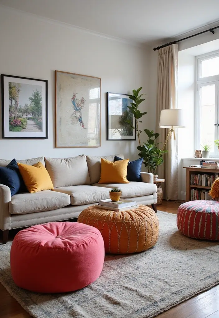 27 Home Decor Ideas Living Room Apartment Style for Urban Living - 25. Playful Poufs