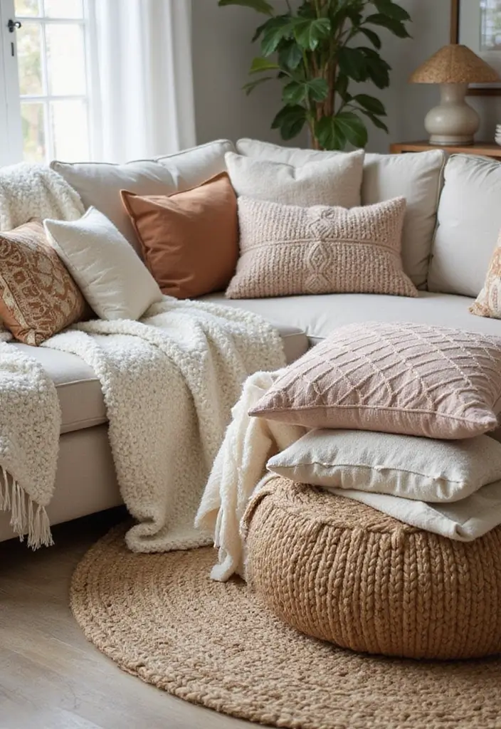 27 Home Decor Ideas Living Room Farmhouse Looks to Warm Your Heart - 1. Cozy Textiles