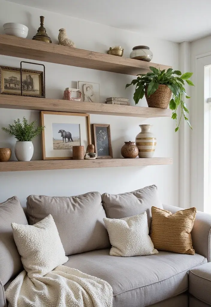 27 Home Decor Ideas Living Room Farmhouse Looks to Warm Your Heart - 9. Open Shelving Displays