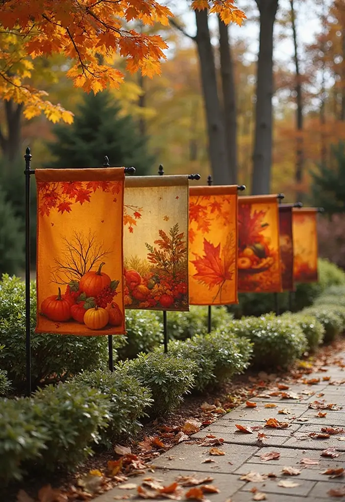 28 Fall Decor Ideas for the Home Outdoor Looks to Welcome Autumn - 18. Colorful Garden Flags