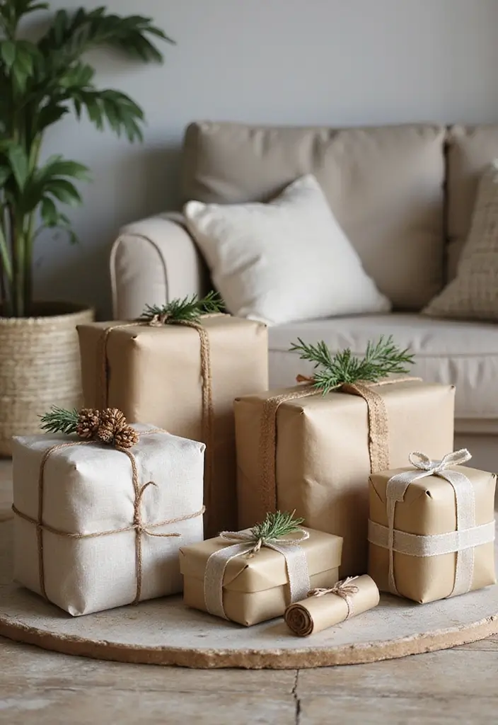 30 Christmas Home Decor Ideas for a Living Room Full of Holiday Spirit - 11. Sustainable Gift Wrapping