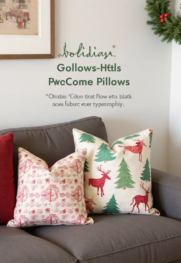 30 Christmas Home Decor Ideas for a Living Room Full of Holiday Spirit - 12. Holiday-Themed Pillows
