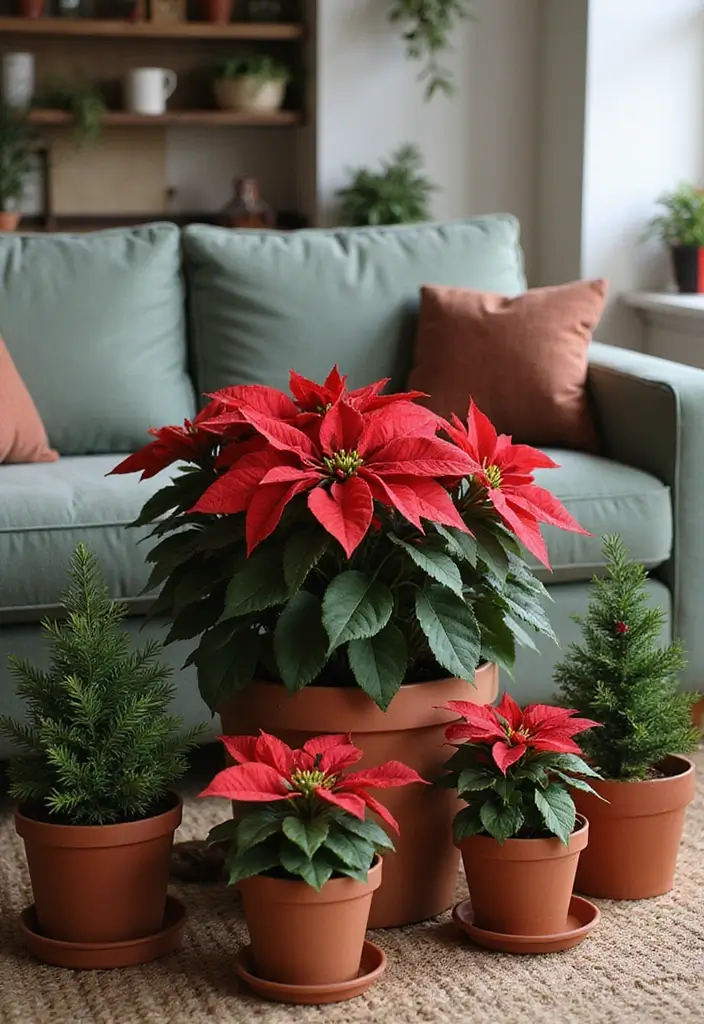 30 Christmas Home Decor Ideas for a Living Room Full of Holiday Spirit - 22. Potted Christmas Plants