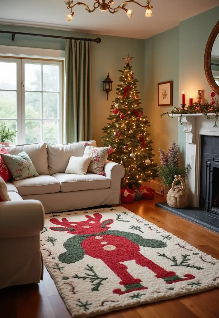 30 Christmas Home Decor Ideas for a Living Room Full of Holiday Spirit - 24. Holiday Themed Rugs