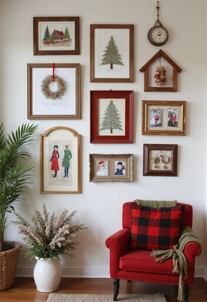 30 Christmas Home Decor Ideas for a Living Room Full of Holiday Spirit - 8. Festive Gallery Wall