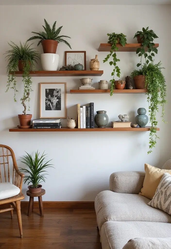 30 Cozy Home Decor Ideas Living Room Inspirations for Comfort Lovers - 11. Creative Wall Shelves