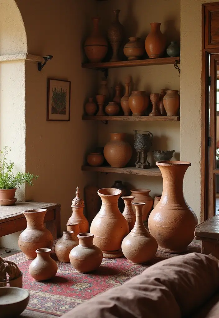 30 Ethnic Home Decor Indian Living Rooms Full of Culture and Warmth - 16. Traditional Pottery Displays