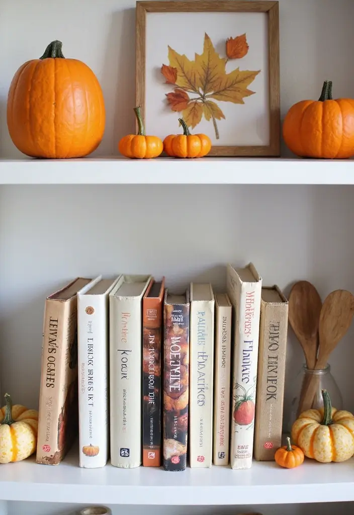 30 Fall Decor Ideas for the Home Kitchens Filled with Seasonal Magic - 8. Fall-Inspired Cookbooks Display