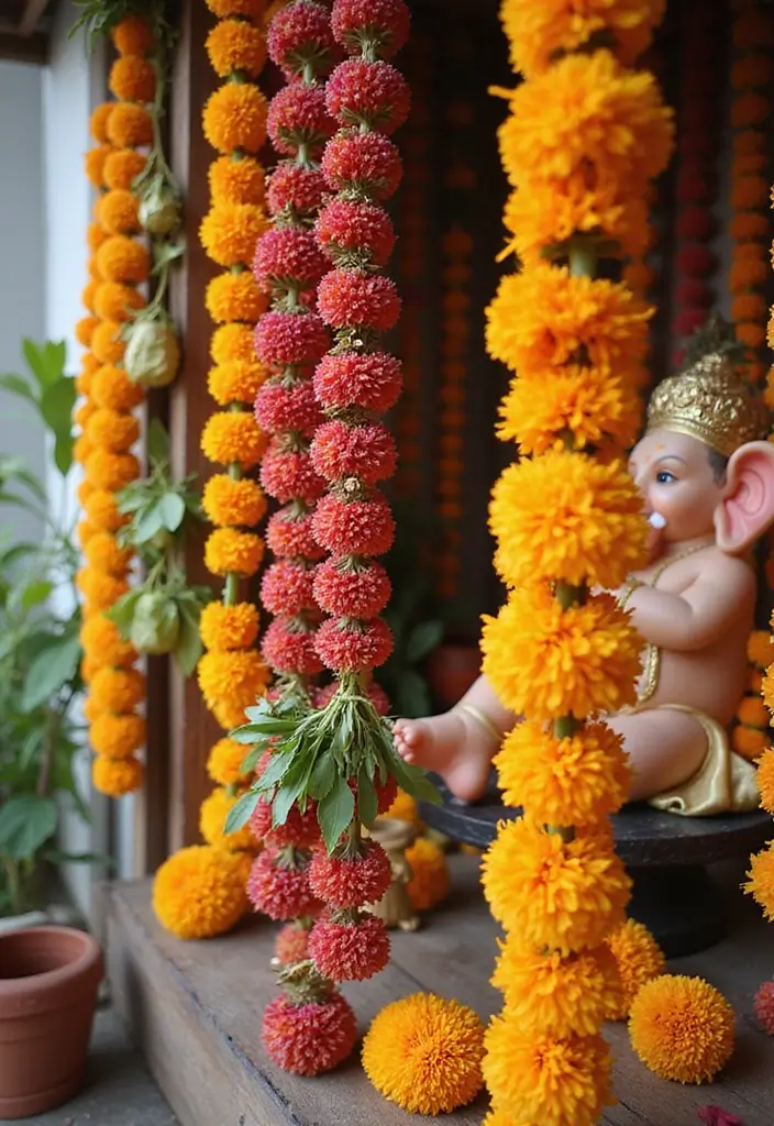 30 Ganesh Decoration Ideas for Eco-Friendly Home Decor DIY - 2. Floral Garlands with a Twist