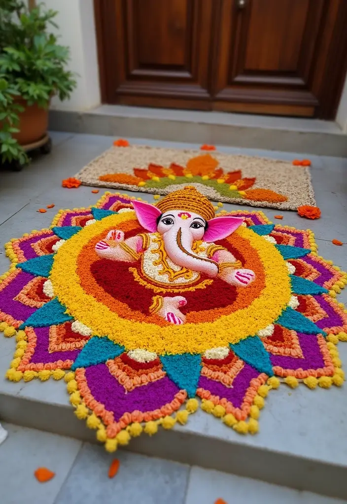 30 Ganesh Decoration Ideas for Eco-Friendly Home Decor DIY - 7. Colorful Rangoli Designs Made from Natural Materials