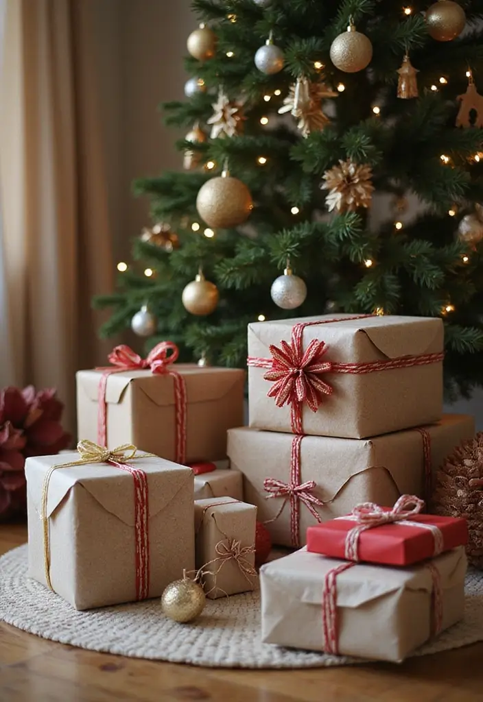 30 Winter Decor Ideas for the Home to Keep It Cozy and Bright - 17. Beautifully Wrapped Gifts as Decor