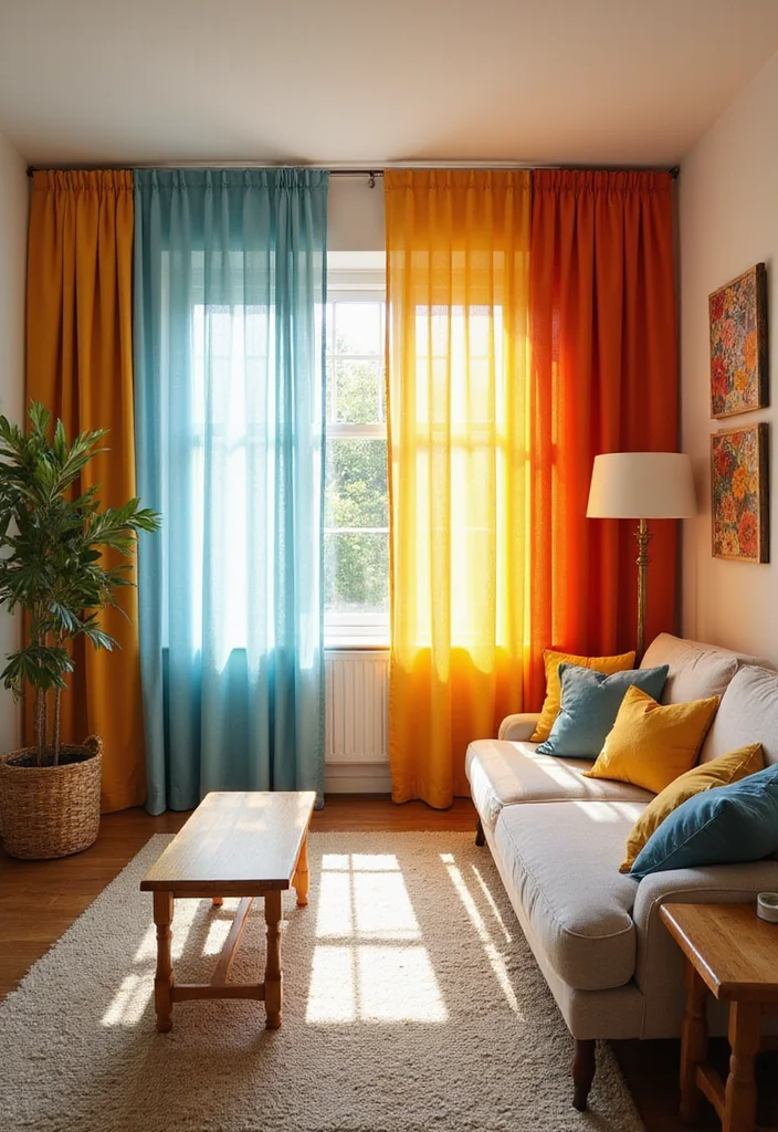 Cute Home Decor Ideas Living Room: A Cozy Guide with 17 Playful Styling Inspirations - 9. Colorful Curtains
