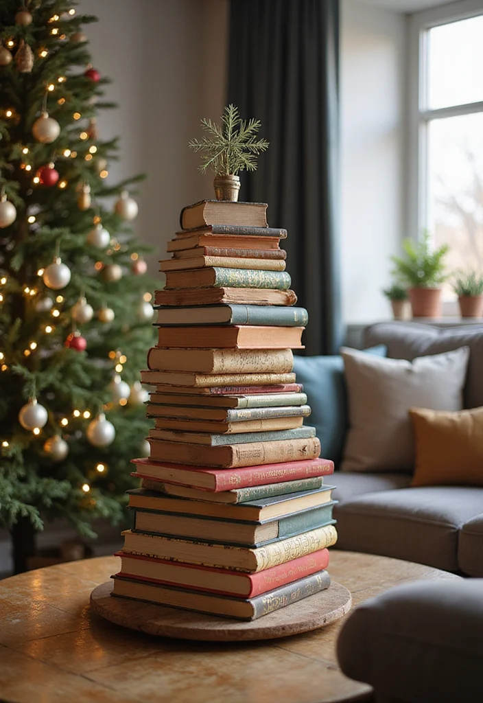 DIY Christmas Decorations for Home Decor: A Heartwarming Guide with 18 Festive Creative Inspirations - 18. Holiday Book Tree