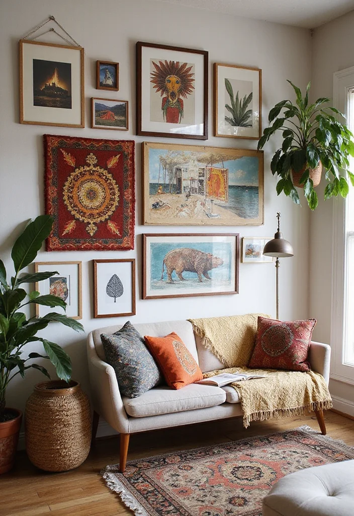 Home Living Room Decor Ideas: A Warm Guide with 18 Cozy Styling Inspirations - 4. Bohemian Wall Art Displays