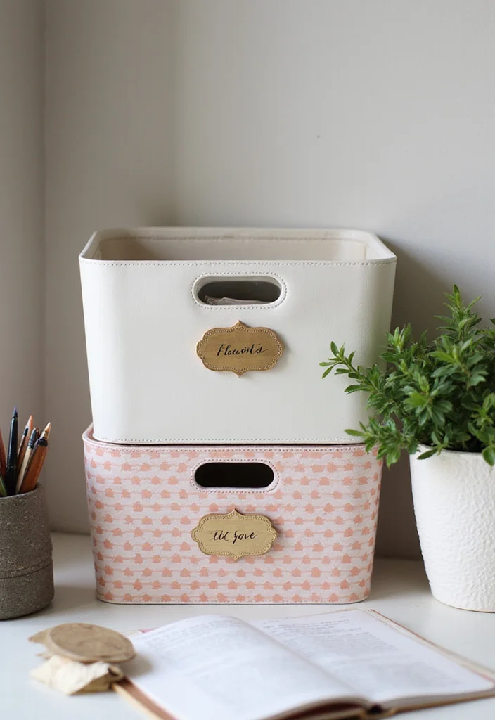 Home Office Decor for Women: A Feminine Guide with 20 Elegant Workspace Inspirations - 14. Crafty Storage Bins