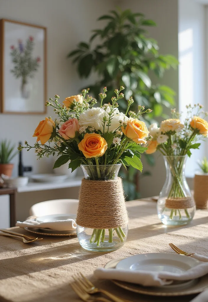 Jute Rope Crafts Home Decor: A Natural Guide with 17 Earthy Handmade Inspirations - 16. Jute Rope Flower Vases